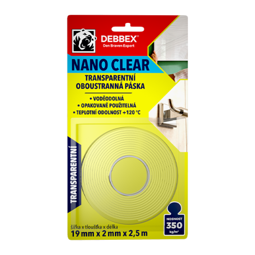 Transparentní oboustranná páska NANO CLEAR 19 mm × 2 mm, délka 2,5 m transparentní